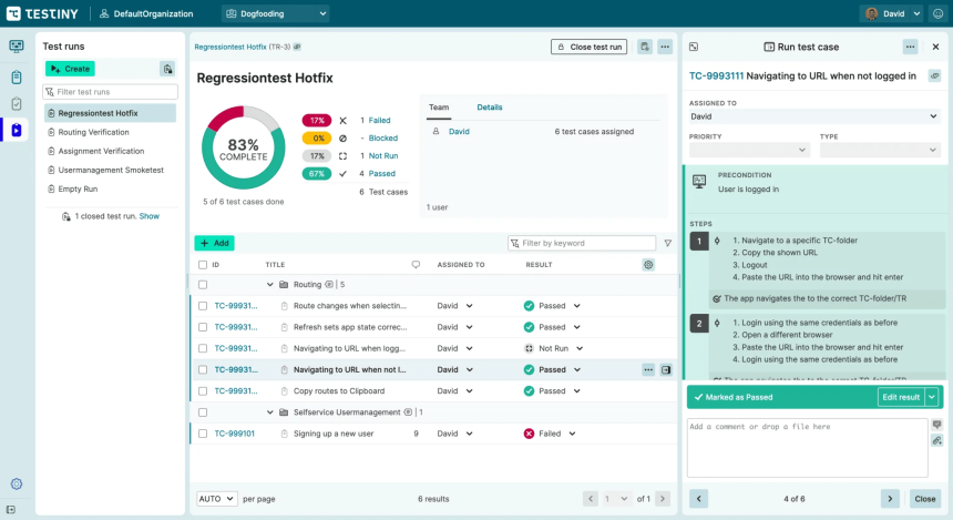 Testiny dashboard